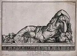 El suicidio de Cleopatra: el áspid se retuerce en el brazo izquierdo de Cleopatra dormida (basado en la Ariadna dormida), grabado de Jean-Baptiste de Poilly (1669-1728).