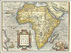 En 1570, en este mapa holandés, el Níger está confundido con el Senegal. El río Real desemboca en el golfo de Benín.