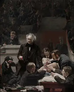 La clínica Gross, de Thomas Eakins, 1875. Pintó una escena similar en La clínica de Agnew, 1889.