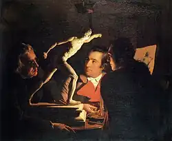 Tres personas mirando al Gladiador con un candil, por Joseph Wright of Derby, 1765