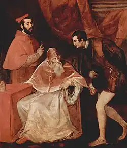 Retrato del papa Paulo III con sus nipoti ("sobrinos") Alessandro y Ottavio Farnese, de Tiziano, 1546. La palabra nepote se convirtió en un término político: nepotismo.