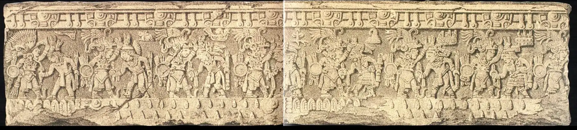 Vista lateral 1 de la Piedra de Tízoc. Escenas de guerra de la piedra de Tízoc, grabado de Carlos Nebel, 1836[10]​