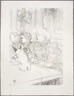 Sketch of two women and a man seated at a table playing cards, who are being watched by a dog sitting on the table.