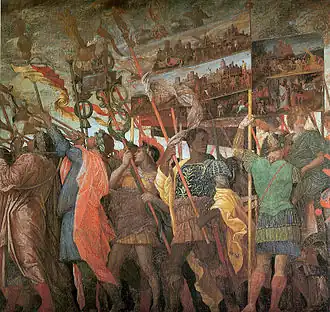 Los triunfos del César, {primer lienzo: trompetistas y portadores de insignias