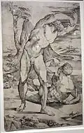 Dos desnudos masculinos en un paisaje, grabado de Domenico Beccafumi, ca. 1537.