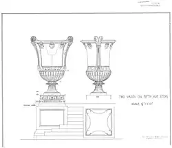 Dos jarrones en la entrada de la Quinta Avenida. Planos arquitectónicos de la Biblioteca Pública de Nueva York, ca. 1909
