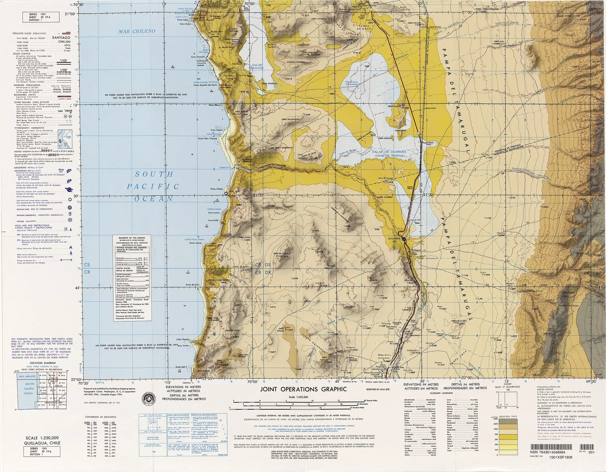Salar de Llamara o Soledad en un mapa de las Fuerzas Armadas de los Estados Unidos de América compilado en 1971.