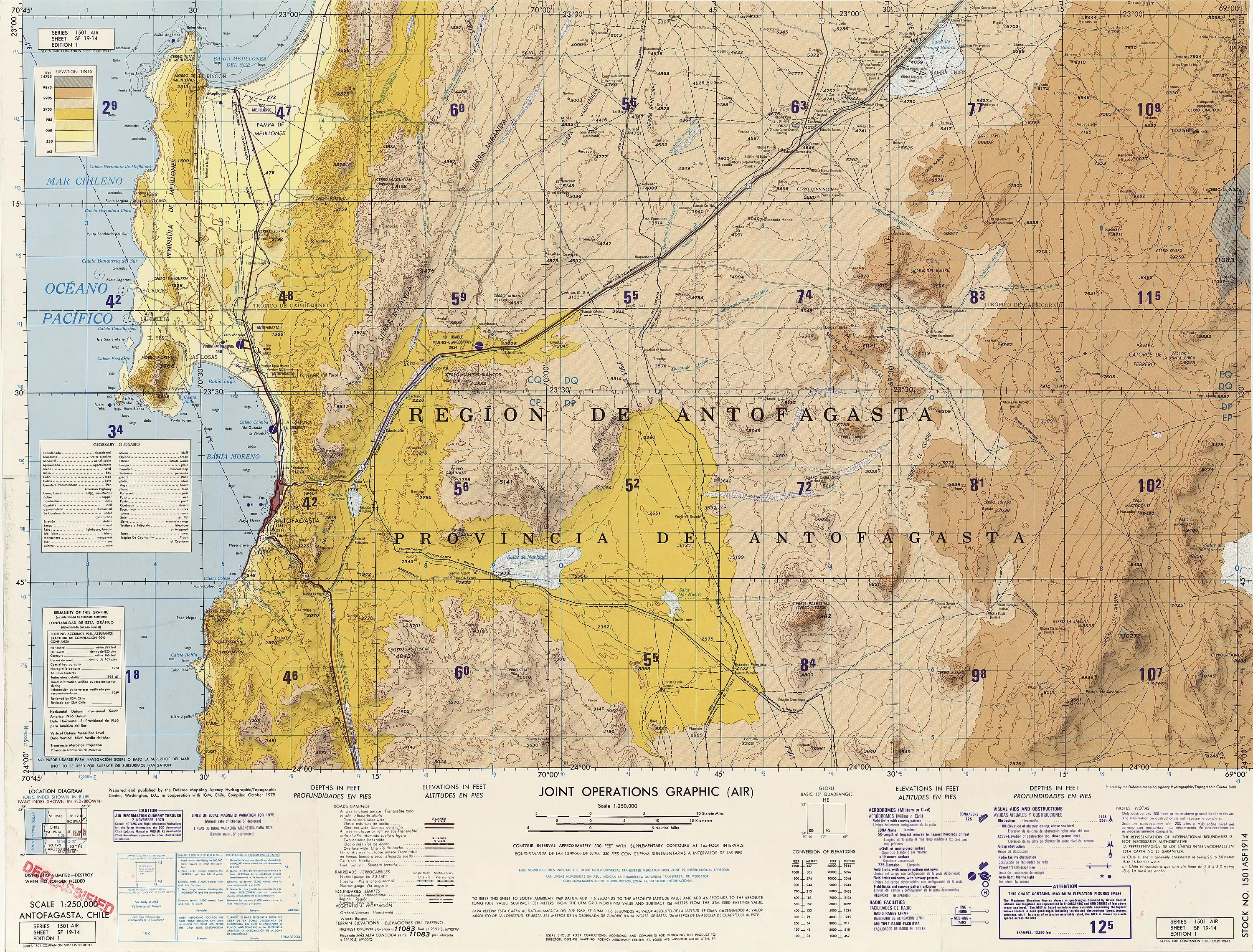 La quebrada Caracoles, la quebrada La Negra y la quebrada Coloso en un mapa de las FF.AA. de los Estados Unidos de América compilado en 1979.