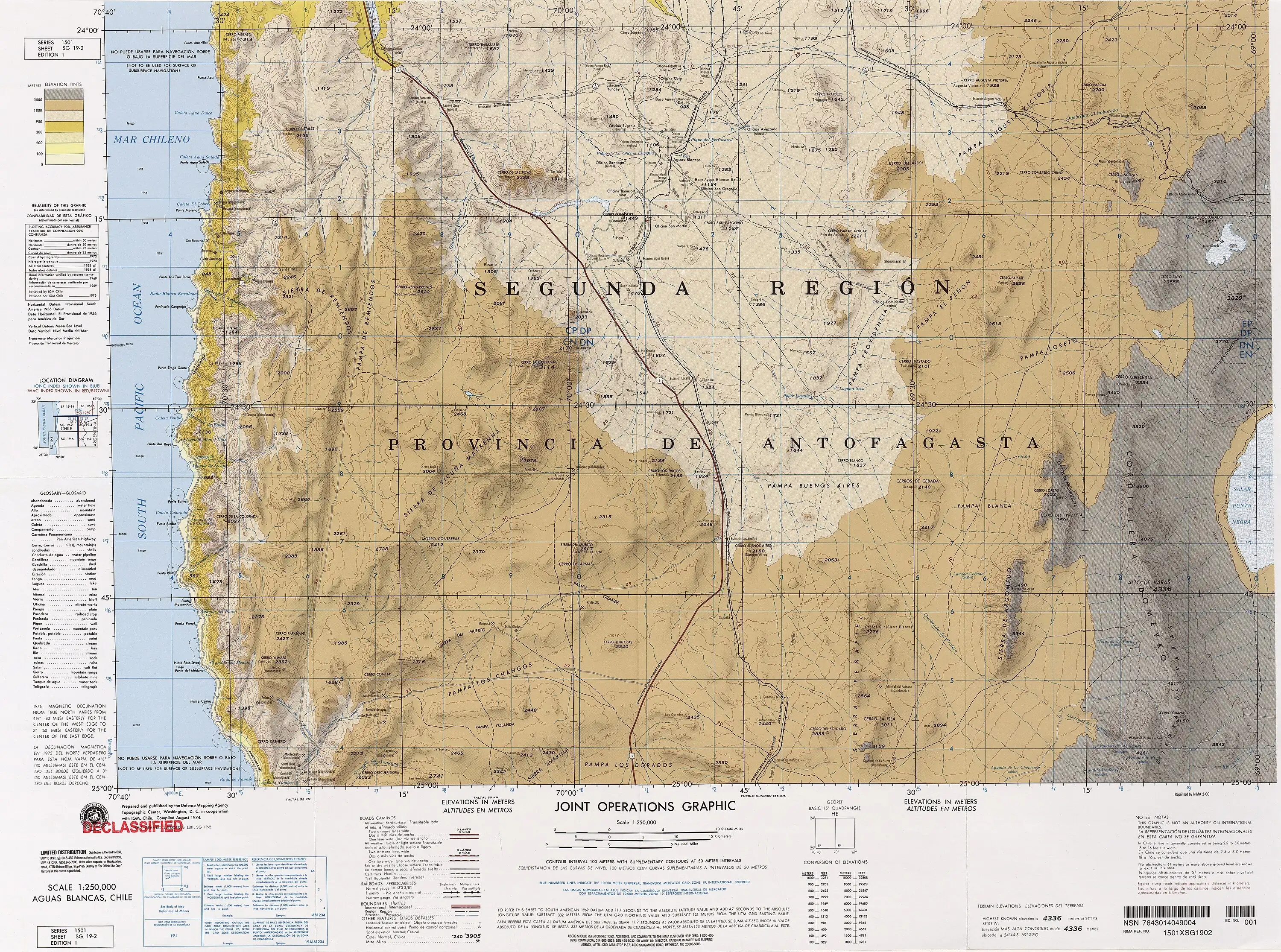 La zona de Aguas Blancas, en el cuadrante superior izquierdo, en un mapa de las Fuerzas Armadas de los Estados Unidos de América compilado en agosto de 1974 con una escala de 1:250000. La quebrada del Profeta es, según el mapa de Francisco San Román, el curso de agua que fluye por el norte del cerro Pan de Azúcar. En dirección noroeste está la ciudad de Antofagasta, donde desemboca la cuenca.
