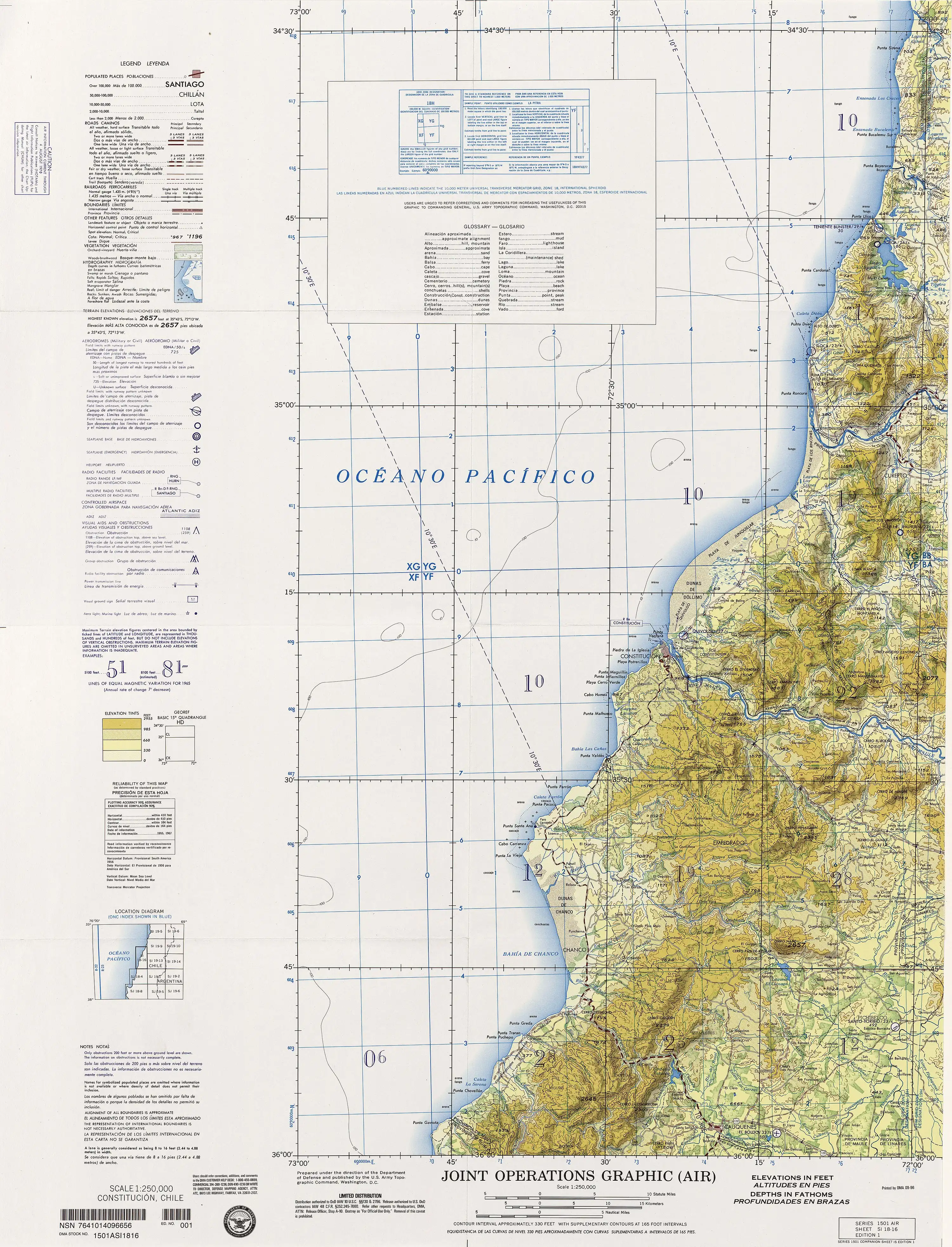 Cuencas costeras entre el río Mataquito y el río Maule en la sección de un mapa de las Fuerzas Armadas de los Estados Unidos de América publicado con una escala de 1:250.000.