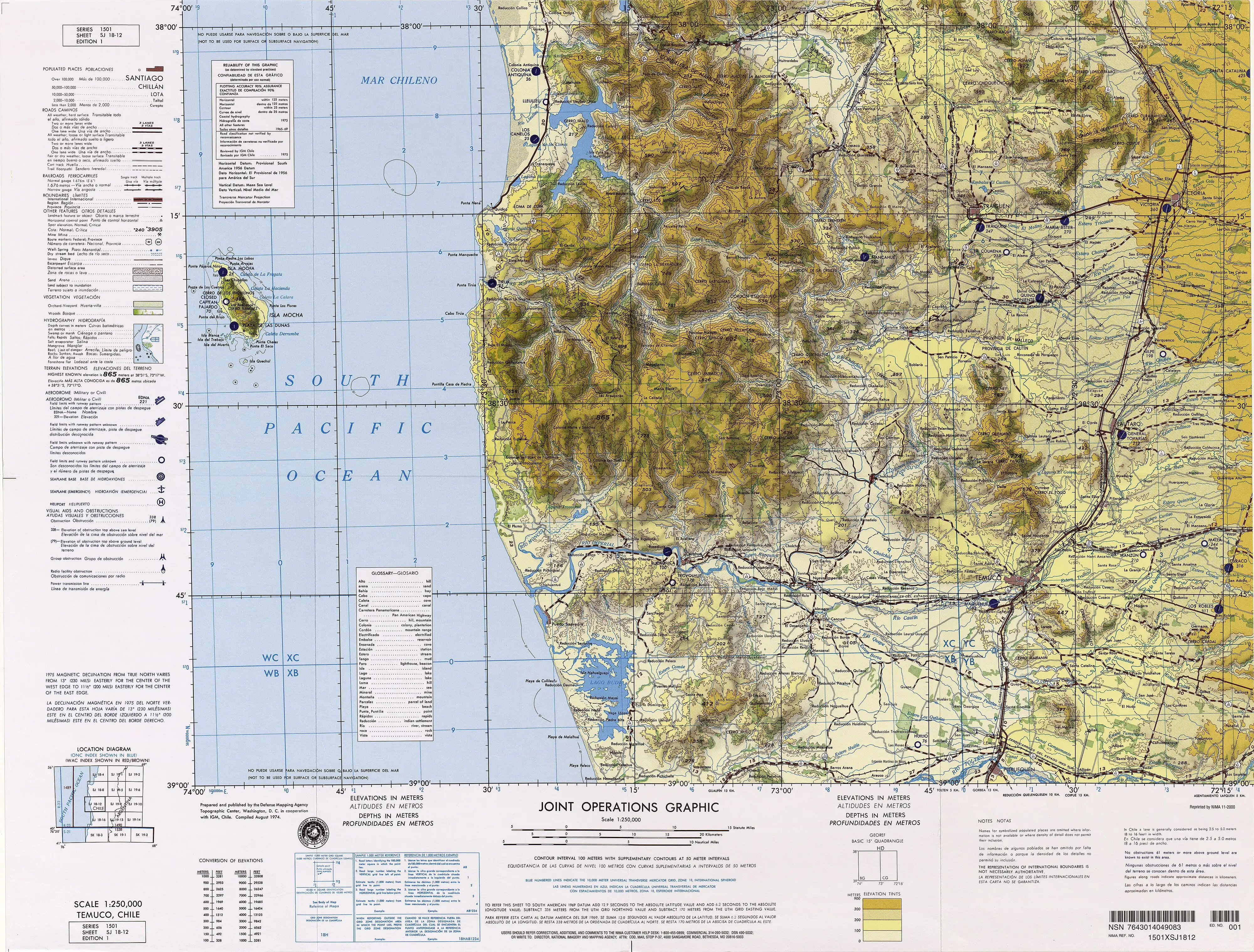 Mapa de la zona publicado en 1974 por las Fuerzas Armadas de los Estados Unidos de América en una escala de 1:250000.