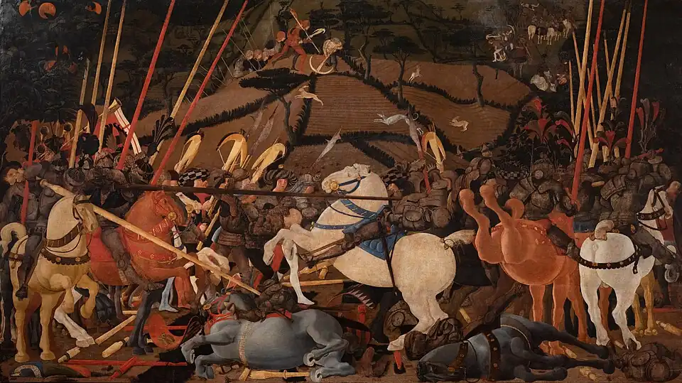 Niccolò Mauruzi da Tolentino desmonta a Bernardino della Carda[1]​ en la batalla de San Romano (c. 1435–1455), 182 × 320 cm, Galería Uffizi de Florencia.