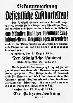 Aviso publicado en un periódico local del norte de Alemania en 1914 sobre la prohibición de bailar dictada con motivo de la guerra.