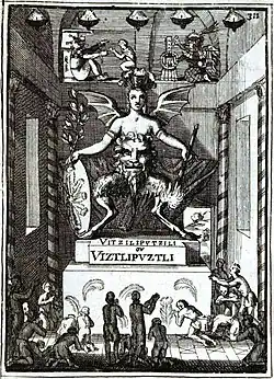Representación difamatoria de Huitzilopochtli, llamado ”Uitziliputzili” en el libro francés Description de l'univers del 1683[31]​