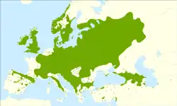 alt=Distribución del olmo montano. :     Distribución nativa. :✖ Población aislada. :▲ Introducido y naturalizado.
