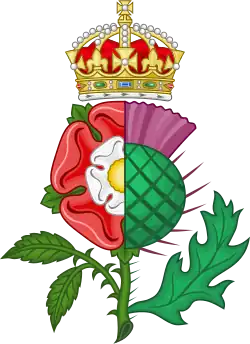 Insignia de la Unión de las Coronas Tudor Rose dimidió con el cardo escocés, usado por el rey Jacobo I y VI para simbolizar la unión personal de sus reinos.