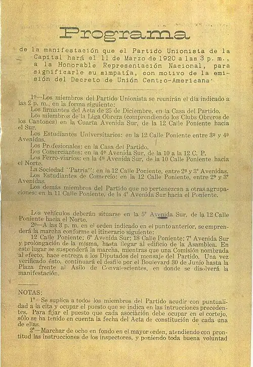 Programa de la manifestación que el Partido Unionista realizó el 11 de marzo de 1920 a las 3:00 p. m.