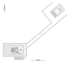 Layout of a temple, its main building being rectangular and connected to a long causeway
