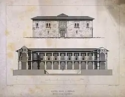 Grabado en acero que muestra una vista del Hospital Árabe (Maristán) de Granada, con detalles arquitectónicos de estilo nazarí y su entorno.