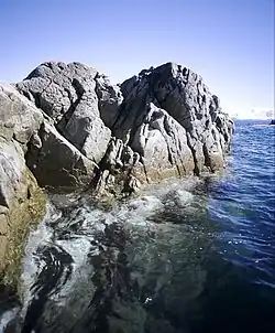 Imagen muestras fallas estructurales en una roca por efecto de la química del agua y la fuerza de las olas a lo largo del tiempo.