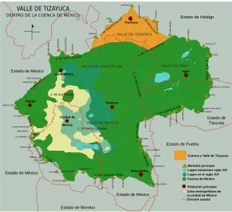 Mapa general del Valle Pachuca-Tizayuca (en amarillo) como parte de la Cuenca de México.