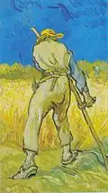 El segador, de Van Gogh, copia de un grabado de Jacques Adrien Lavieille realizado a partir de un original de Jean-François Millet, perteneciente a una serie de diez dibujos (Los trabajos del campo, 1852). Van Gogh los pintó todos al salir del sanatorio mental en 1889. Siete de esas obras están en el Museo Van Gogh de Ámsterdam y las tres restantes en colecciones privadas, como esta, subastada en 2017.[34]​