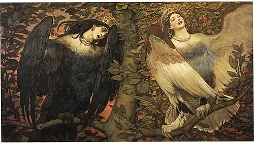 Sirin (izda.) y Alkonost. Aves de alegría y tristeza. Víktor Vasnetsov, 1896