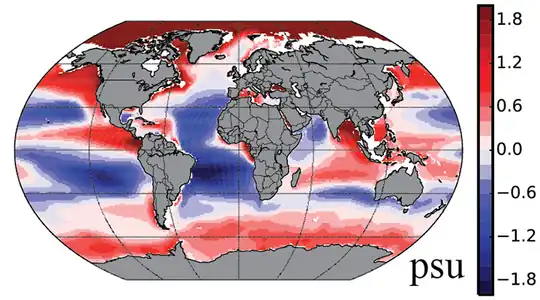 Diferencias verticales de la salinidad del mar entre la superficie y una profundidad de 300 metros. La salinidad aumenta con la profundidad en las regiones rojas y disminuye en las azules.[15]​