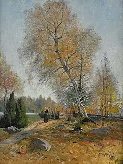 Paisaje otoñal con mujer y valla, de Vilhelm Behm, ca. 1880-1889.