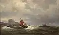 Barco de pescadores y un vapor en una cotsa rocosa (1870)