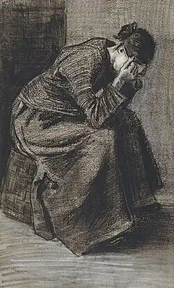 Mujer sentada sobre una cesta llorando (F1060, JH326), negro litográfico, lavado gris, blanco y acuarela opaca gris, rastros de cuadratura, sobre papel de acuarela, 1883, Museo Kröller-Müller