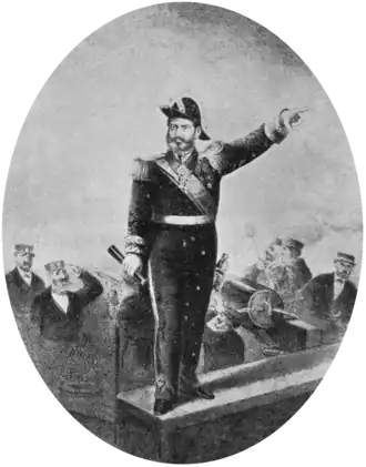 Gravura retratando um homem em um uniforme de almirante, luneta na mão e na mão esquerda apontando para a frente, de pé sobre um plaform a bordo de um navío, enquanto os marinheiros abrem fogo ao fundo