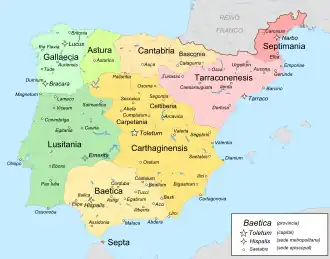 Organización territorial del reino visigodo de Toledo en el siglo VII, que ya comprende toda la Península.