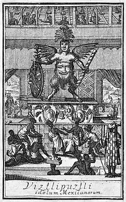 Representación difamatoria de Huitzilopochtli, llamado ”Viztlipuztli idolum Mexicanorum” en el libro alemán Staat von America del 1714[32]​