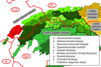 Cárpatos de Moravia (marcados en rojo) dentro de los Cárpatos occidentales exteriores