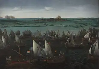 Los gueux de mer holandeses se enfrentan a los españoles en la batalla de Haarlemmermeer, 1573; cuadro de Hendrick Cornelisz Vroom, ca. 1621.