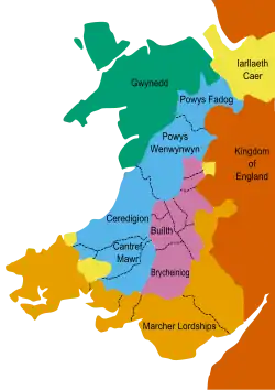Coloured map depicting Wales (adjacent to the Kingdom of England, coloured dark orange) following the Treaty of Montgomery of 1267. Gwynedd, Llywelyn ap Gruffudd's principality, is green; the territories conquered by Llywelyn are purple; the territories of Llywelyn's vassals are blue; the lordships of the Marcher barons are shown as light orange; and the lordships of the King of England are shown in yellow.