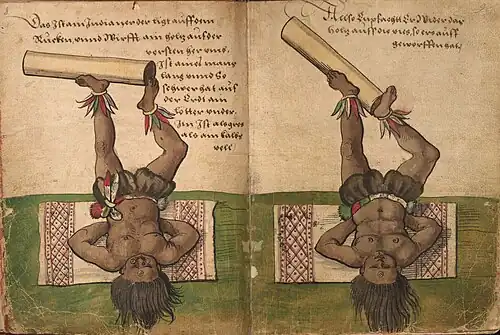 Das Ist ain Indianer der ligt auff dem Rucken, vnnd Wirfft ain holtz aus der versten heraus, Ist aines mans lang vnnd so schwer hat auf der Erdt ain lötter vnder Im Ist als gros als ain kalbs vell p. 8-9