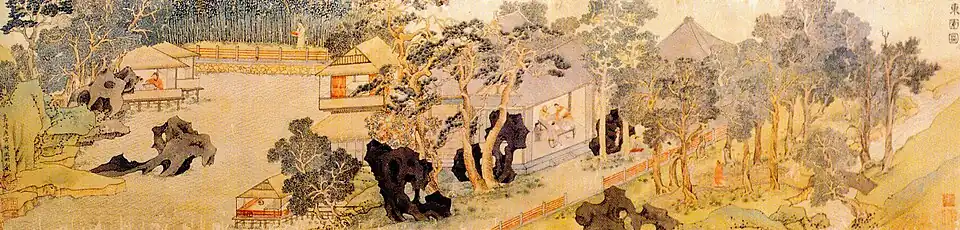 Wen Zhengming. 1530. Vista del Jardín Este. Rollo portátil, tinta y colores sobre seda. Museo del Palacio Nacional.[24]​