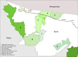 Parte occidental del estado de Acre en donde se muestra en la parte 6 el Bosque Nacional de Santa Rosa dos Purus