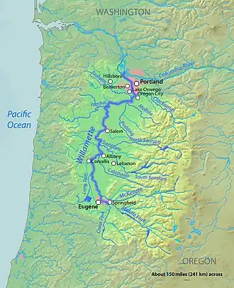 El río Willamette discurre en dirección norte por el oeste del estado, hasta desaguar en el Columbia, junto a Portland.