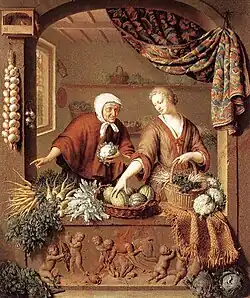 El verdulero de Willem van Mieris (1731) Óleo sobre madera, 40 x 34 cm. Colección Wallace, Londres