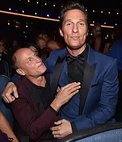 A photograph of Woody Harrelson and Matthew McConaughey at the 66th Primetime Emmy Awards