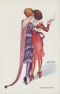 Dibujo art nouveau de dos mujeres en vestidos rojo y azul bailando cerca la una de la otra.