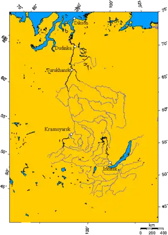 Dudinka en un mapa del río Yeniséi