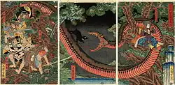Yorimitsu y sus hombres combatiendo al bandido Hakamadare, este último ayudado por una serpiente gigante, obra de Yoshitsuya Ichieisai.