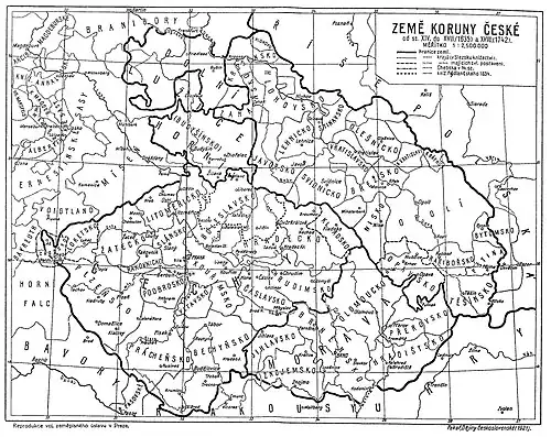Mapa de las tierras de la Corona Bohemia desde el siglo XIV hasta 1742 (mapa de Josef Pekař, 1921, en checo).