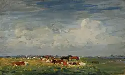 Paisaje de pradera de verano en el IJssel con vistas a Hattem, 1909, pintura al óleo
