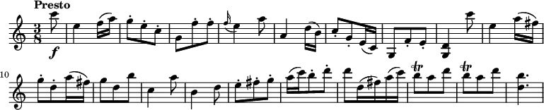 \relative c'' {
\version "2.18.2"
\key c \major
\tempo "Presto"
\tempo 4 = 140
\time 3/8
\partial 8 c'8 \f
e,4 f16 (a)
g8-. e-. c-.
g f'-. f-.
\grace f16 (e4) a8
a,4 d16 (b)
c8-. g-. e16 (c)
g8 f'-. e-.
<g, d'>4 c''8
e,4 a16 (fis)
g8-. d-. a'16 (fis)
g8 d b'
c,4 a'8
b,4 d8
e-. fis-. g-.
a16 (c) b8-. d-.
d d,16 (fis) a (c)
b8 \trill a d
b8 \trill a d
<d,b'>4.
}