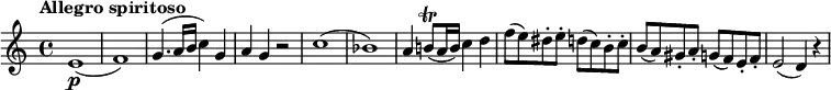 
\relative c'' {
  \version "2.18.2"
   \key c \major
   \time 4/4
   \tempo "Allegro spiritoso" 
   \tempo 4 = 140
   e,1\p ( f )  
   g4. (a16 b  c4) g
   a  g  r2
   c1 (bes)
   a4 b!8\trill (a16 b) c4 d
   f8 (e) dis-. e-. d (c) b-. c-.
   b (a) gis-. a-. g (f) e-. f-.
   e2 (d4) r4
  }
